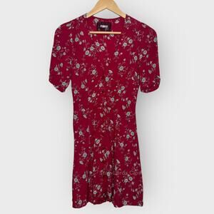 Reformation Floral Mini Dress Fit & Flare Ruched Detail Sleeve Button Down Red 2